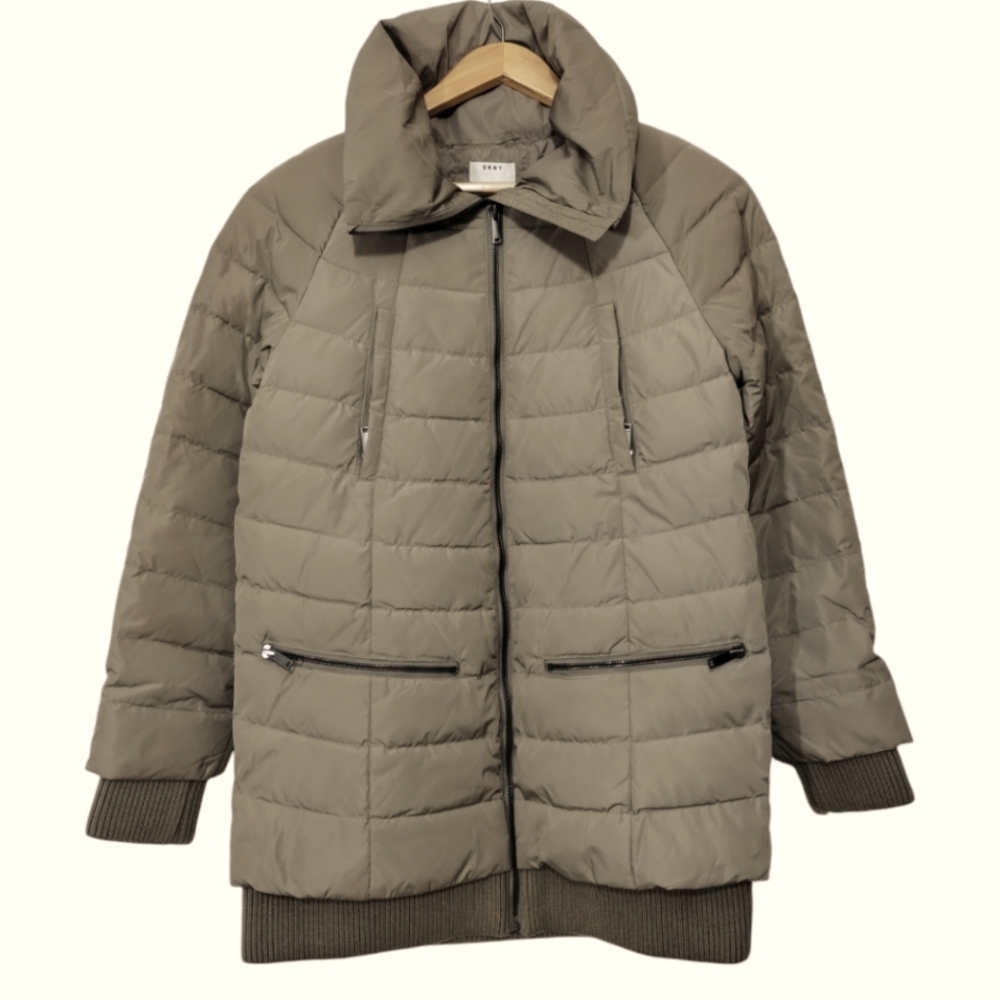 DKNY Down Puffer Coat Ribbed Trim Full Zip Hidden Hoodie Longline Pockets Winter